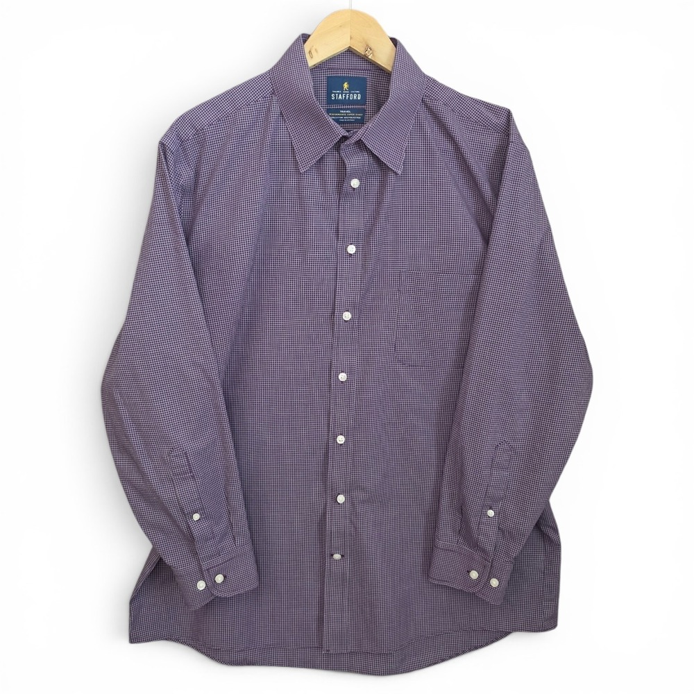 Stafford Dress Shirt Mens 17 32/33 Purple Mini Check‎ Button Travel Performance
